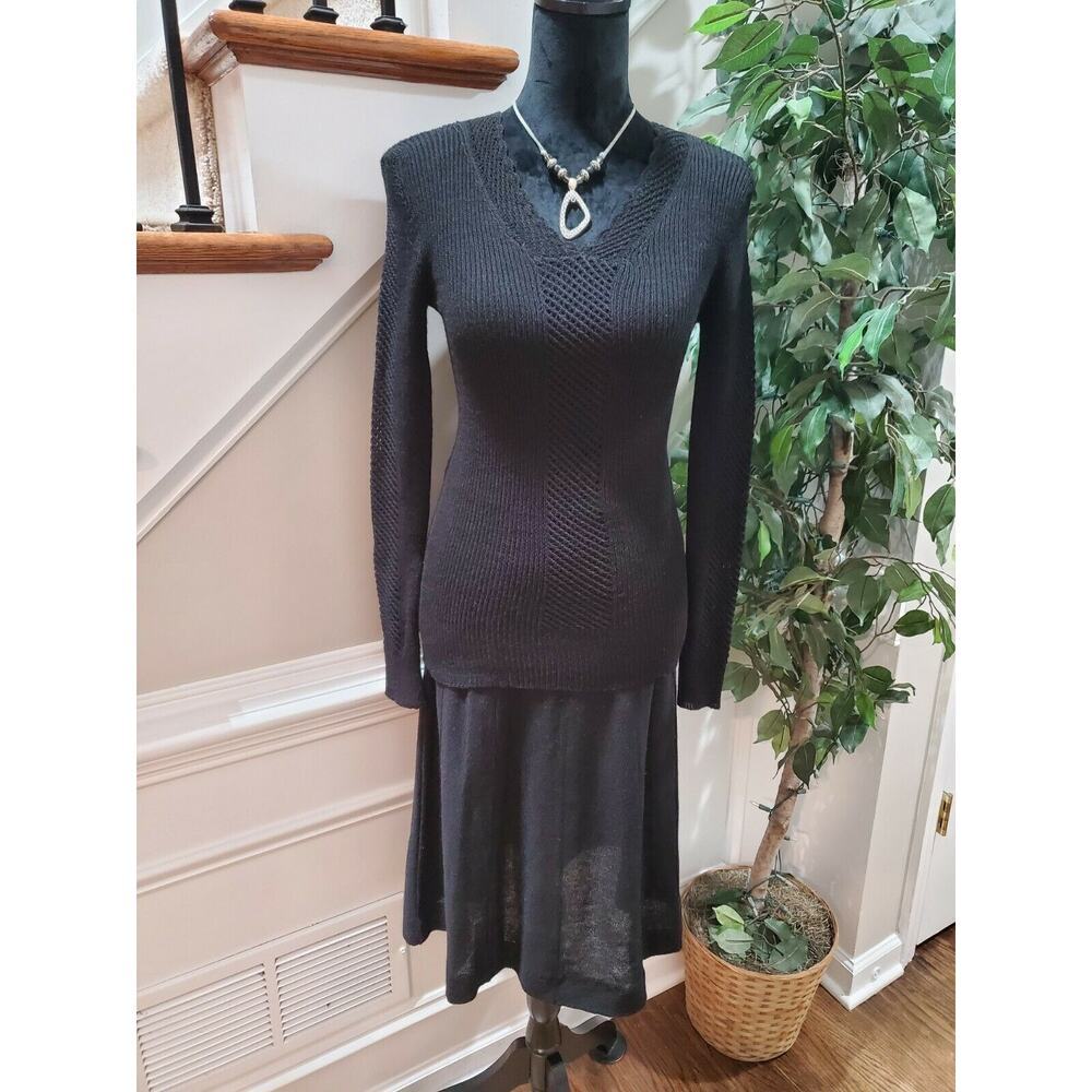 Sequence Women's Solid Black 100% Acrylic Long Sleeve Top & Skirt 2 Piece Suit 8